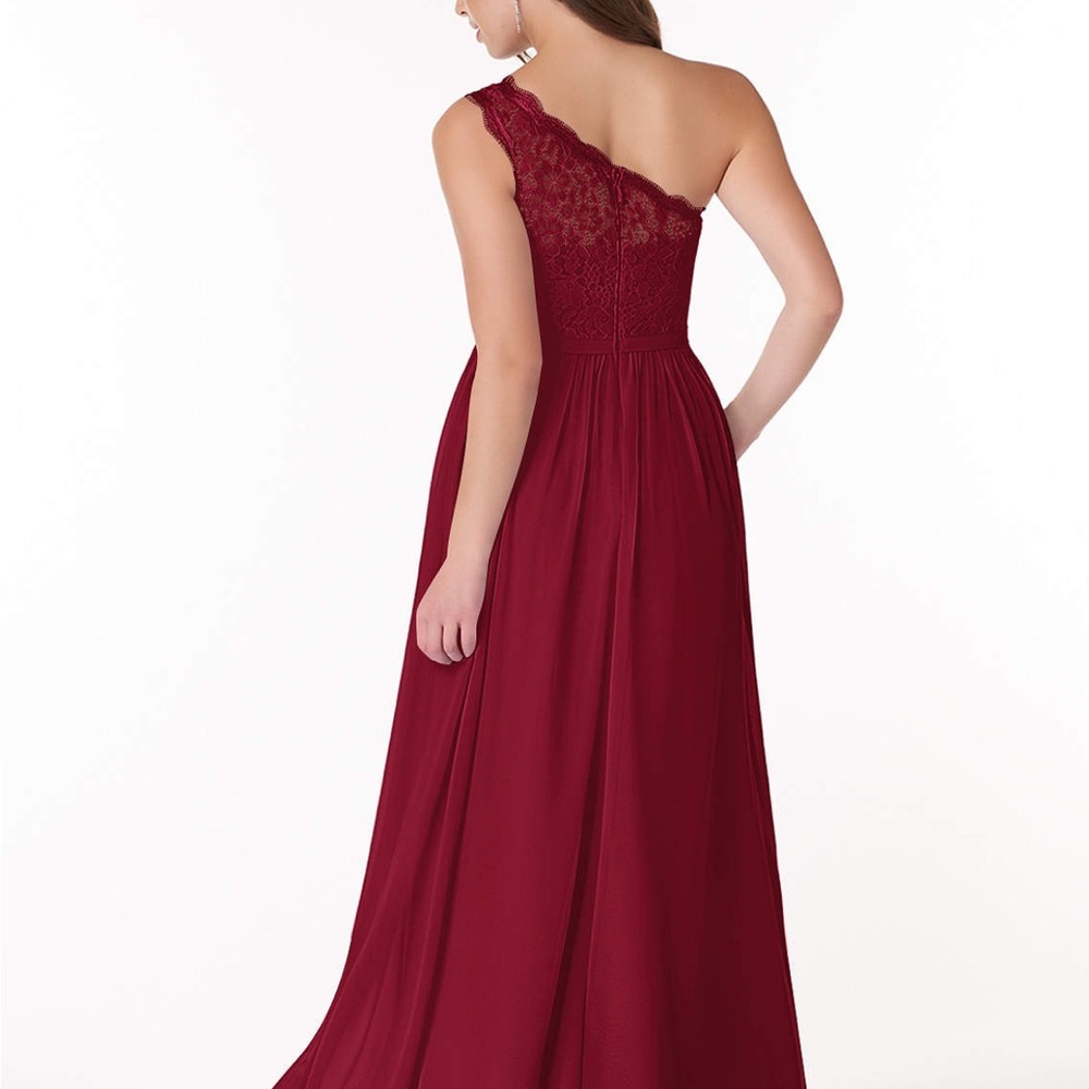 Azazie Demi Burgundy A-Line One Shoulder Chiffon Dress - Picture 2 of 9